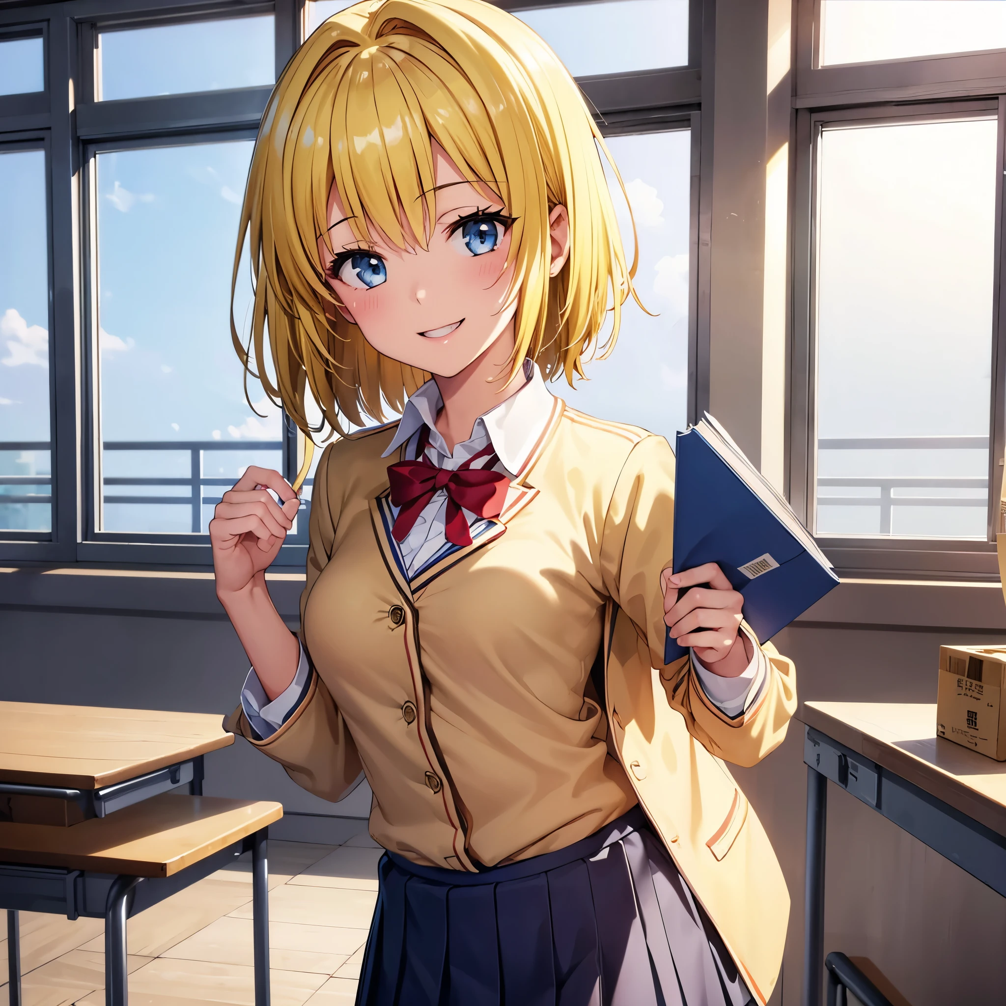 (best quality,masterpiece:1.1), (((1 girl))), absurdres,highres,16k, ultra high res, official art,illustration,extremely detailed, japanese girl, 17 years old, amazing beauty, beautiful detailed eyes, blue eyes, dip-dye hair, (((short hair, blonde hair))), ultra detailed hair, graceful, (((smiling))), (delicate), small breasts, ((classroom)) (pov), (upper body), ((school uniform, blazer)), (shirt lift), (show off bra)