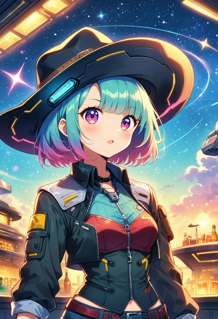 Cyberpunk Cowgirl in Interstellar Tavern，Wearing a stylish cowboy hat，Futuristic starry sky background，Alien Technology，Mechanical Cowboy，