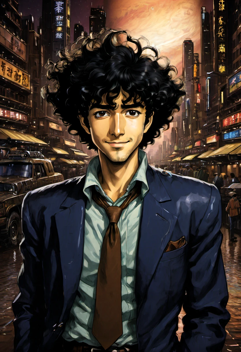 1boy, Spike Spiegel, Cowboy Bebop, brown eyes, smile, black hair, cbbebop, cbbebop spaceship, retro artstyle, 1990s (style), oldest, (masterpiece), (best quality), (ultra-detailed), very aesthetic, illustration, disheveled hair, perfect composition, moist skin, intricate details
