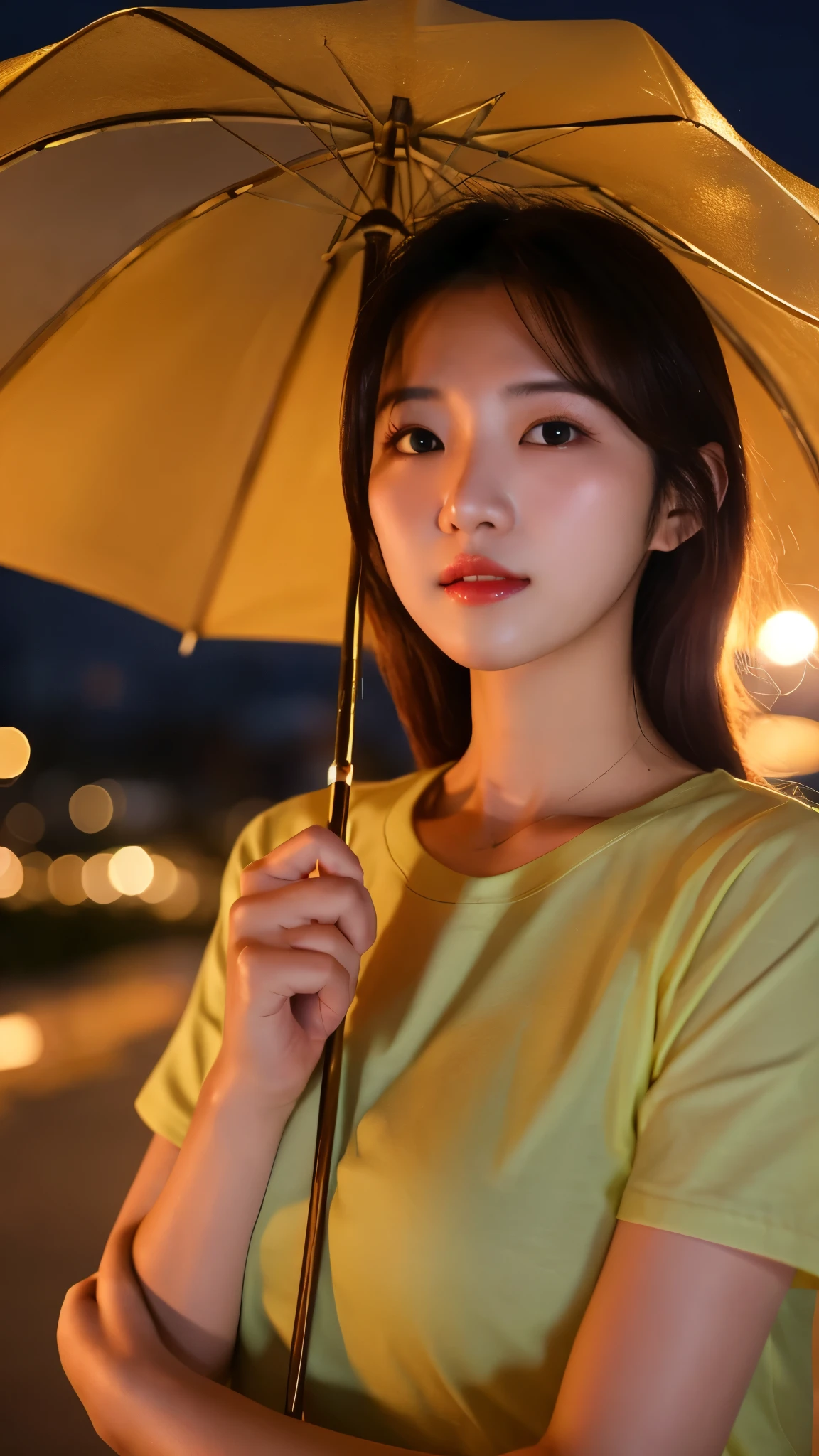 close-up of beautiful korean female, 34 inch breasts size, wearing yellow rolled sleeves t-shirt,  holding umbrella, at the corner of the building, night, bokeh background , UHD