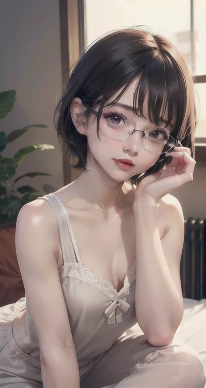 { masterpiece : highest quality : Detailed face : High resolution : Lips Detail : unity 8k wallpaper : 3D realistic illustration } { background = My Room } { : Short Hair : : Perfect Slender Body : Perfectly small breasts : Glasses :pajamas ::: Lie down on the bed: } very little girl：low length：Crying face