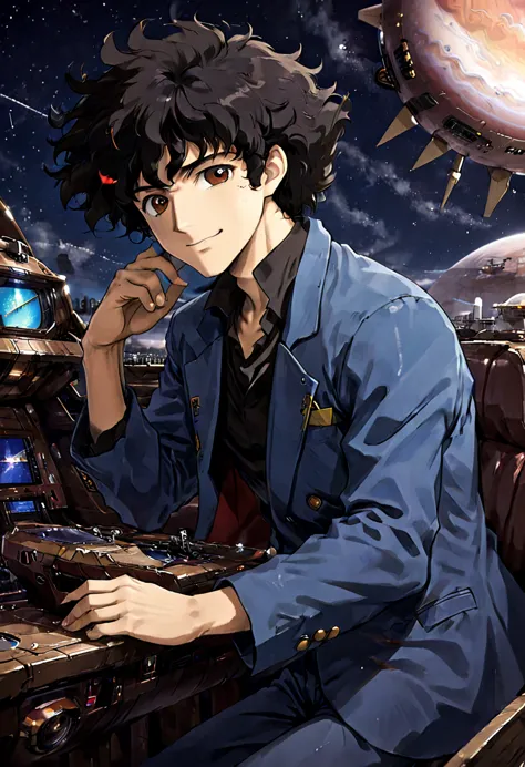 1boy, Spike Spiegel, Cowboy Bebop, brown eyes, smile, black hair, cbbebop, cbbebop spaceship, retro artstyle, 1990s (style), old...