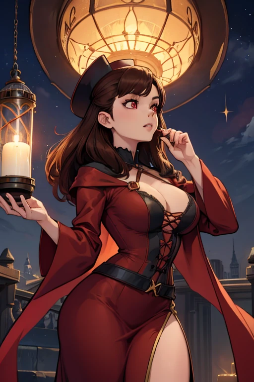 A brown haired female witch with red eyes with an hourglass figure in a conservative Victorian gown is practicing magic at  night