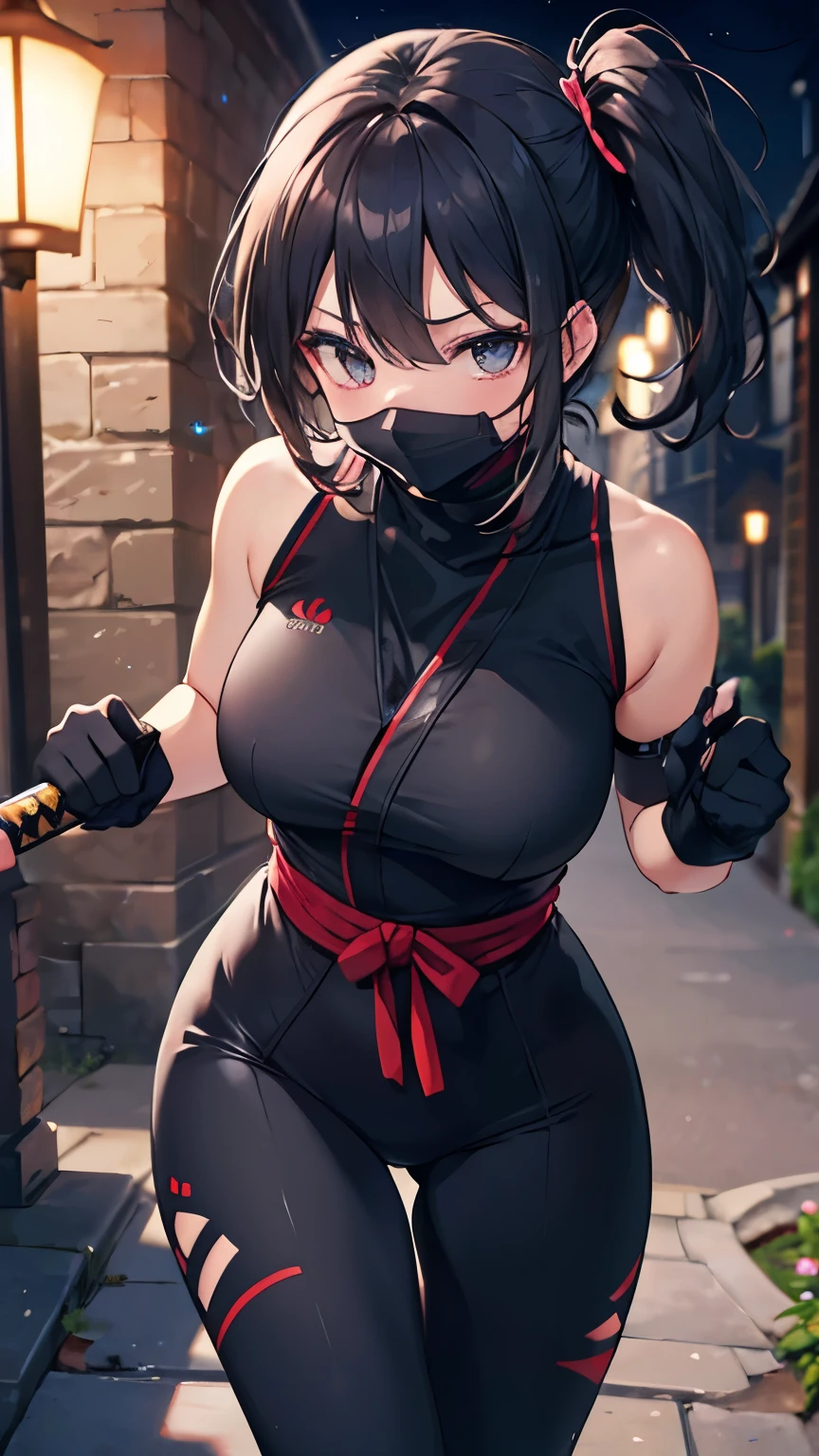 (((Best quality, 8k, Masterpiece: 1.3)), ((best quality)), ((masterpiece)), (detailed), perfect face, black hair, side ponytail, mouth veil, (ninja), female ninja, grim expression, holding a Japanese sword, running in the dark night, ninja costume