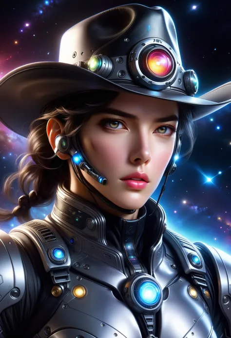 Space cowboy，ultra-detailed,realistic,galaxy,interstellar,1man，detailed eyes,detailed lips,cowboy aviation outfit,cowboy hat,tec...