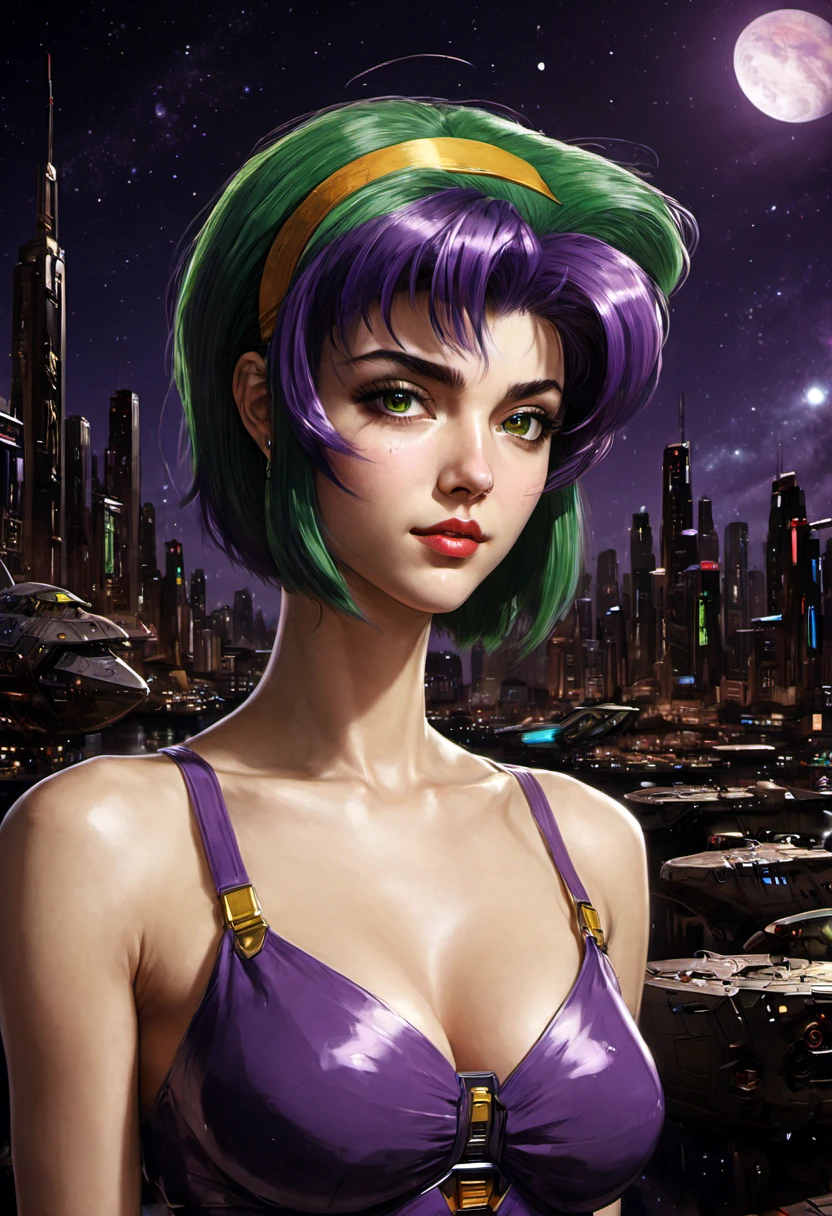 1girl, Faye Valentine, Cowboy Bebop, bob cut, solo, big breasts, green eyes, purple hair, hairband, cbbebop, cbbebop spaceship, retro artstyle, 1990s (style), oldest, (masterpiece), (best quality), (ultra-detailed), very aesthetic, illustration, disheveled hair, perfect composition, moist skin, intricate details