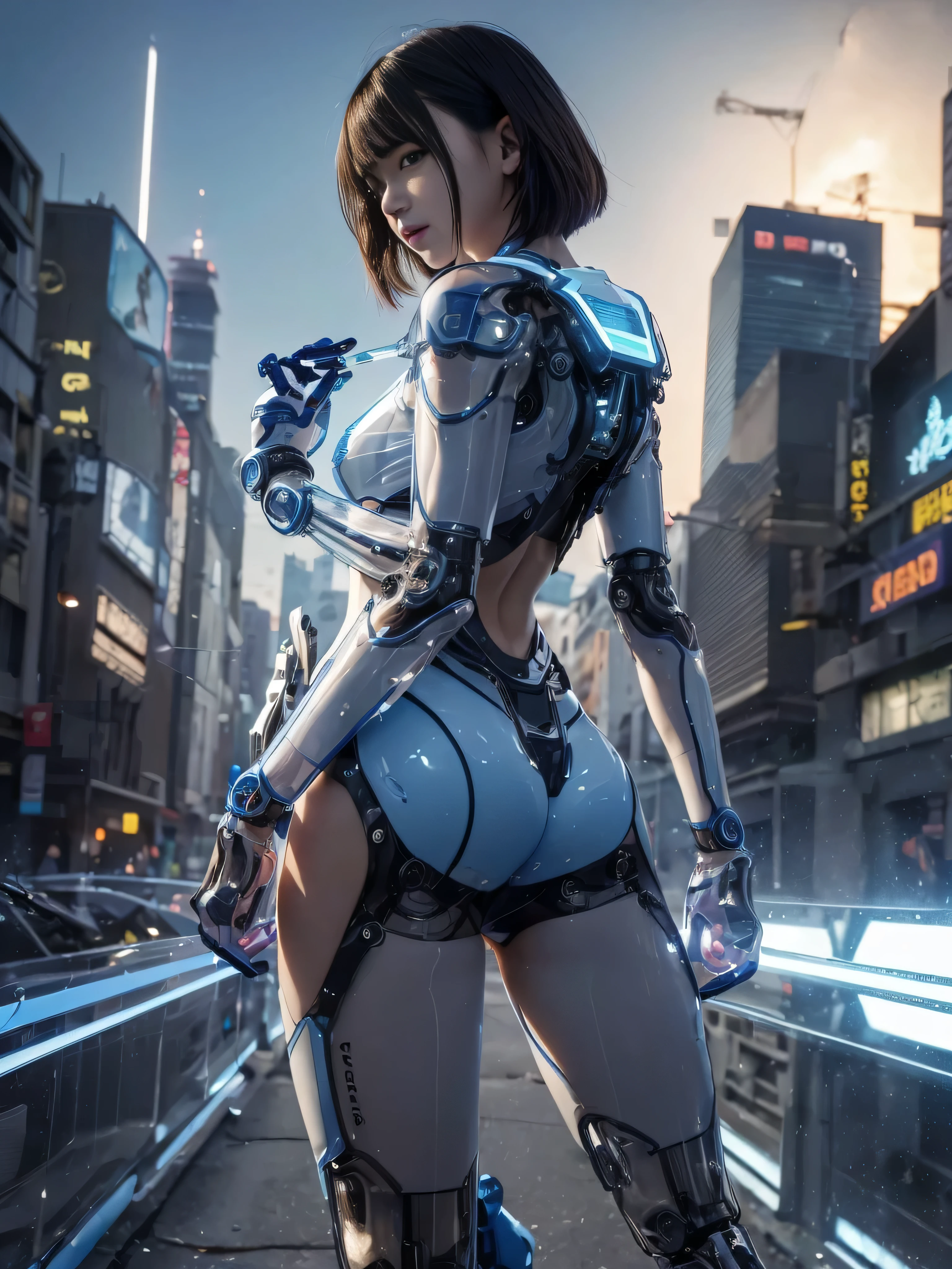 RAW quality, One girl, 14 years, Textured skin, Rear View, Rear view, Super detailed, Advanced Details, high quality, 最high quality, High resolution, 1080p, hard disk, beautiful,(Gundam),beautiful cyborg woman,largely,((Wearing Futuristic Transparent Reinforced Plastic Mechanical Parts。:1.4)), Bust top covered with transparent mechanism, Mechanically protected front crotch, Largely exposed bare skin, largely naked, Perfect proportions, Giant tit, (He carries a lot of weapons on his back.:1.4), (hero pose), full body shot, (Short-cut straight hair that looks beautiful in blue and white:1.4), collapsed building background, A city engulfed in flames, (The blue LED on the bust top glows strongly:1.4), Biologically correct,