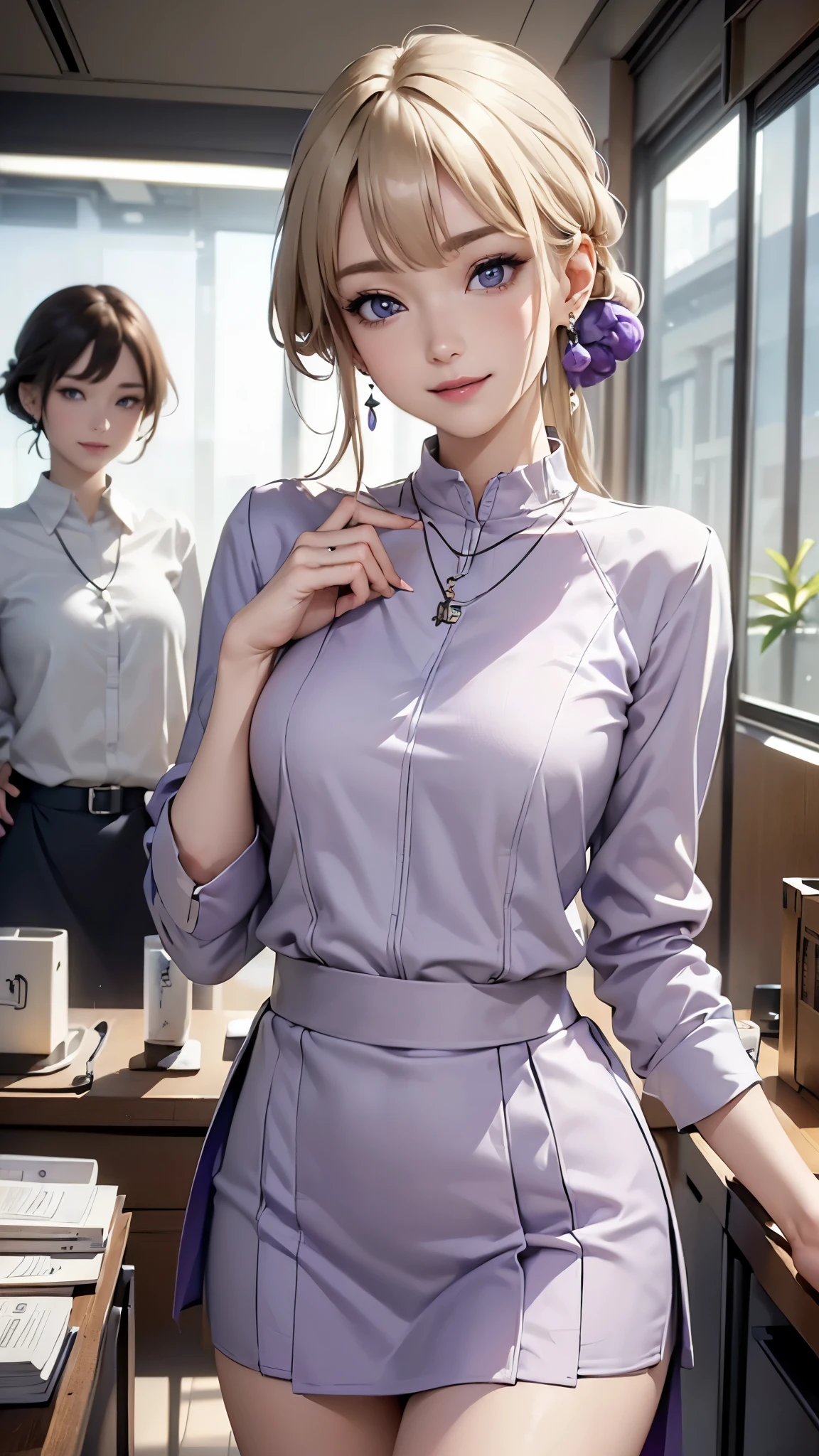 ((Biologically correct limb and finger count))、((Standing posture))、Masterpiece、((focus on the face))、((Symmetrical facial features))、Eyes with detailed description、Beautiful woman、Outstanding style、Detailed depiction of faces、Earrings、necklace、(shirt、light purple suit、skirt）、smile、Work scene in the office,