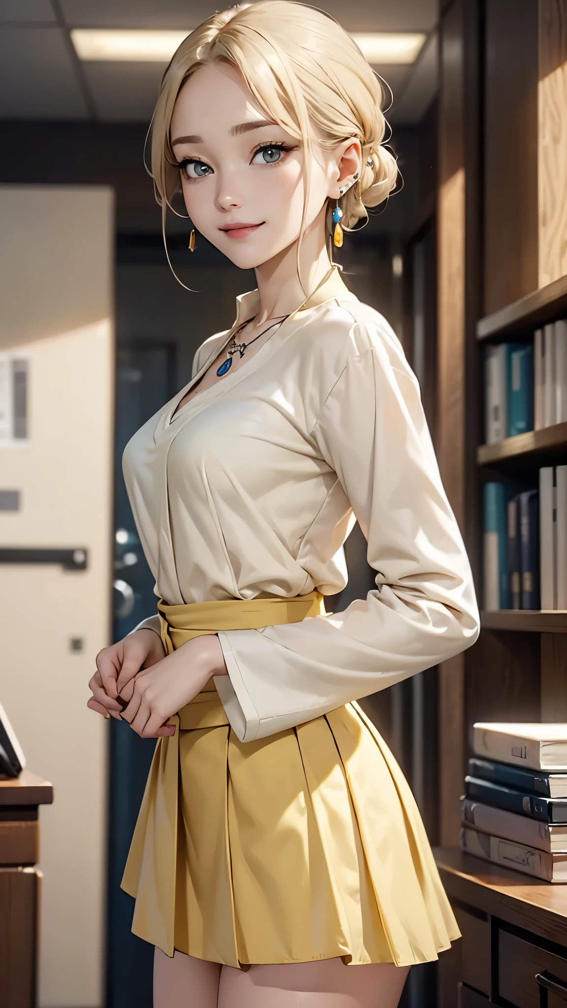 ((Biologically correct limb and finger count))、((Standing posture))、Masterpiece、((focus on the face))、((Symmetrical facial features))、Eyes with detailed description、Beautiful woman、Outstanding style、Detailed depiction of faces、Earrings、necklace、(shirt、Light Yellow Suit、skirt）、smile、Work scene in the office,