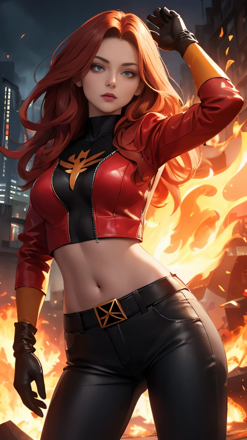 (Highly quality, masterpiece, detailed), burning city detailed scenario, burning city detailed background, jean-grey, belt, red leather crop top jacket, unzip, black top shirt, gloves, Phoenix symbol on chest, red leather pants, navel, perfect face, beautiful eyes, looking at the viewer, Sexy pose