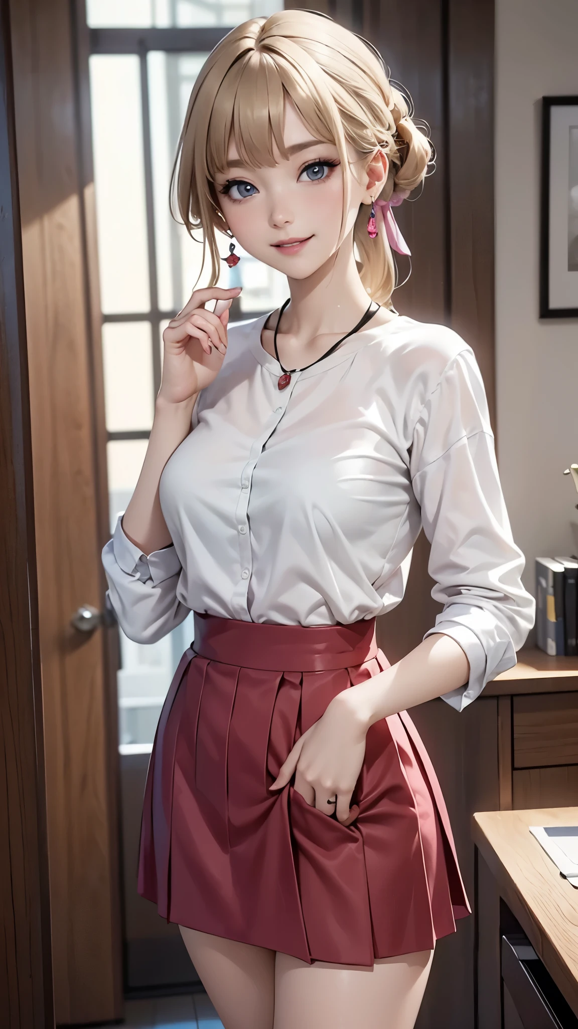 ((Biologically correct limb and finger count))、((Standing posture))、Masterpiece、((focus on the face))、((Symmetrical facial features))、Eyes with detailed description、Beautiful woman、Outstanding style、Detailed depiction of faces、Earrings、necklace、(shirt、Passion pink suit、skirt）、smile、Work scene in the office,