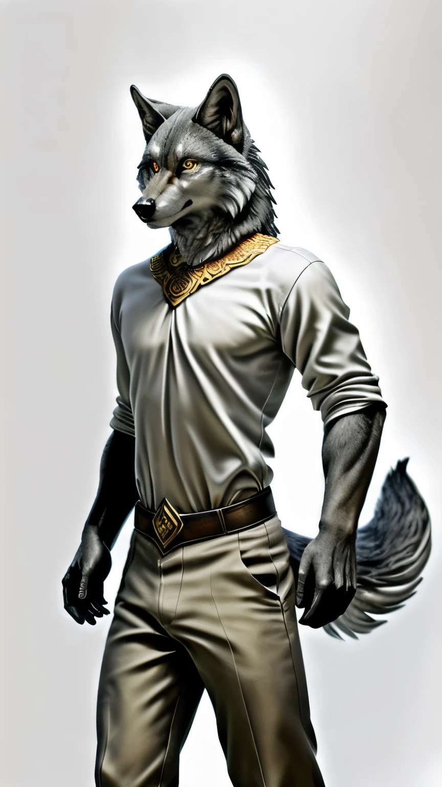 (highest quality, High resolution, masterpiece :1.3, detailed contours, Clear contours), ((full body)), (male), one person, cool, (grey) wolf, 狼のmale, gray wolf, (Golden) eyes, white shirt, (dark khaki) pants, fantasy costume, upright, Looking at the camera, (No background, through background, White background)