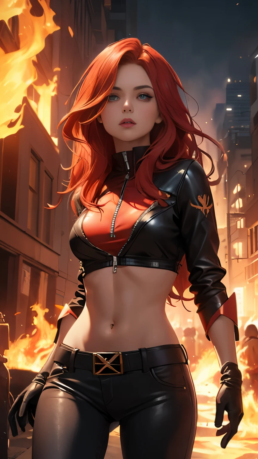 (Highly quality, masterpiece, detailed), burning city detailed scenario, burning city detailed background, jean-grey, belt, red leather crop top jacket, unzip, black top shirt, gloves, Phoenix symbol on chest, red leather pants, navel, perfect face, beautiful eyes, looking at the viewer, Sexy pose