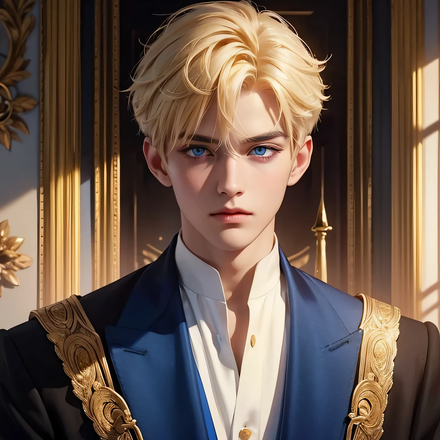 Blue eyes, monolid eyes, Short hair, gold yellow silk hair, pixie haircut, a boy, sharp eyes, normal face, handsome boy, bright color, and he is a royal prince