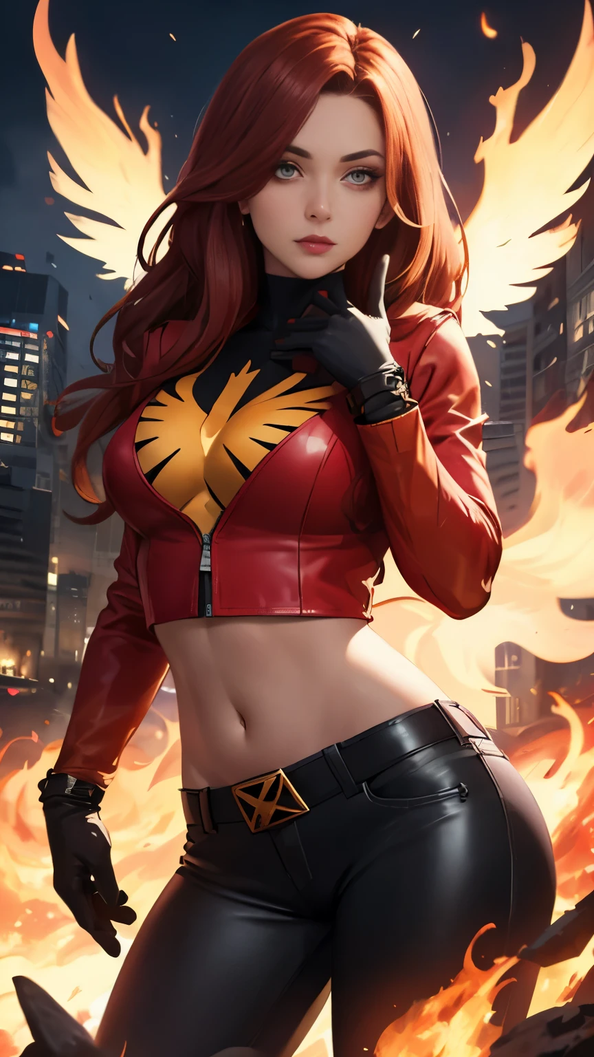 (Highly quality, masterpiece, detailed), burning city detailed scenario, burning city detailed background, jean-grey, belt, red leather crop top jacket, unzip, black top shirt, gloves, Phoenix symbol on chest, red leather pants, navel, perfect face, beautiful eyes, looking at the viewer, Sexy pose