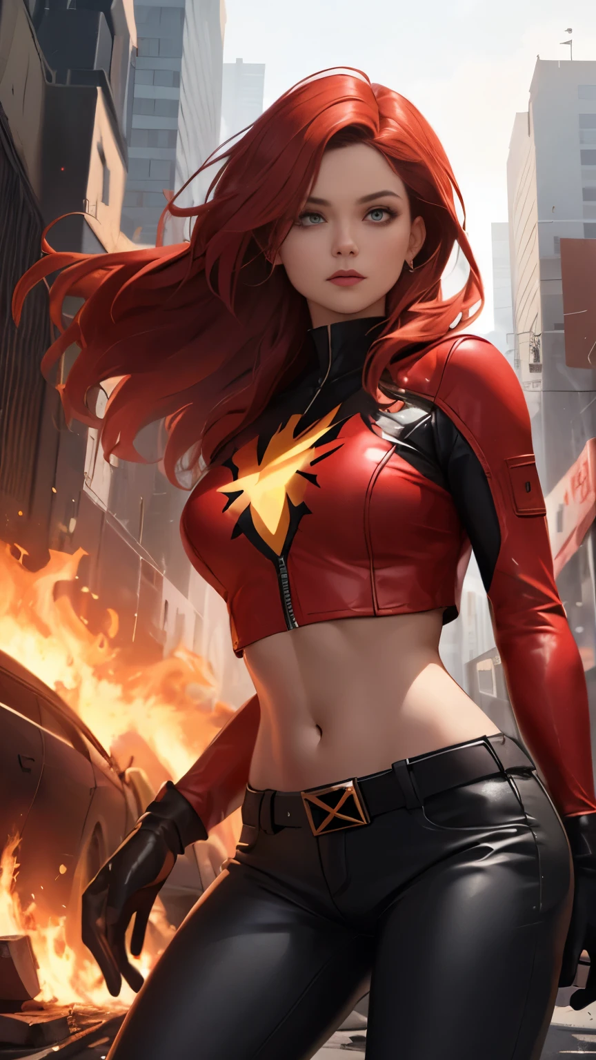 (Highly quality, masterpiece, detailed), burning city detailed scenario, burning city detailed background, jean-grey, belt, red leather crop top jacket, gloves, Phoenix symbol on chest, red leather pants, navel, perfect face, beautiful eyes, looking at the viewer, Sexy pose