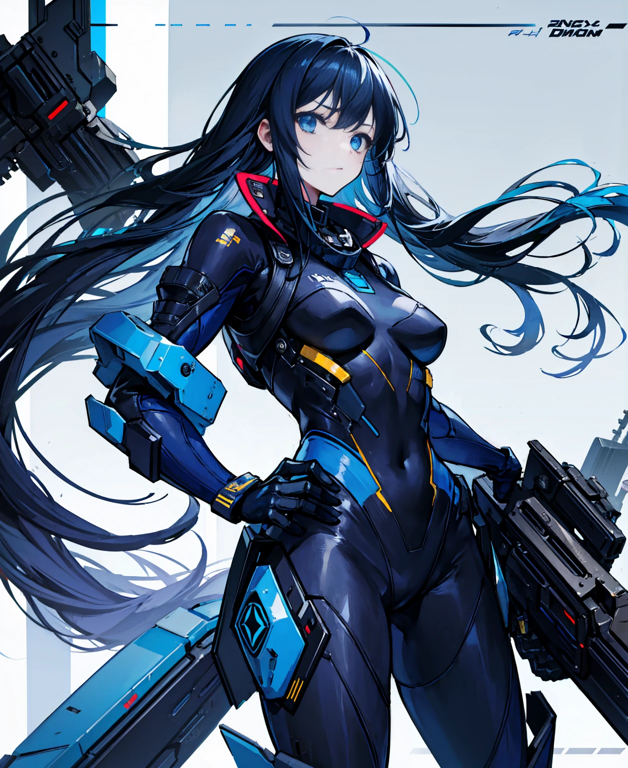 no background，girl，carry a firearm，Enamel-like tight suit，use of firearms，Navy blue long hair，attention arousal，Blue colored eyes,no gradation