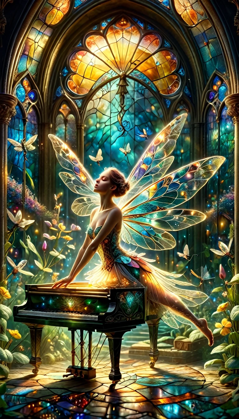 Made by AIS-RCN, 8k photo, "words, Like a big breasted fairy, Popping out from the stained glass piano, Turn thoughts into delicate works of art.", Supple, Side light, Dragonflies have two wings, one on each side、Fantastic riverside