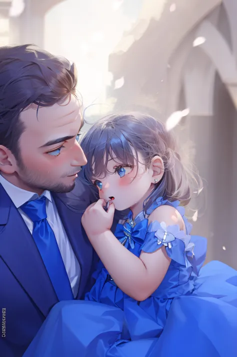 there is a man and a  dressed up in blue, daddy, beautiful cute, father, dressed in blue, father with , blue themed, cute photo,...