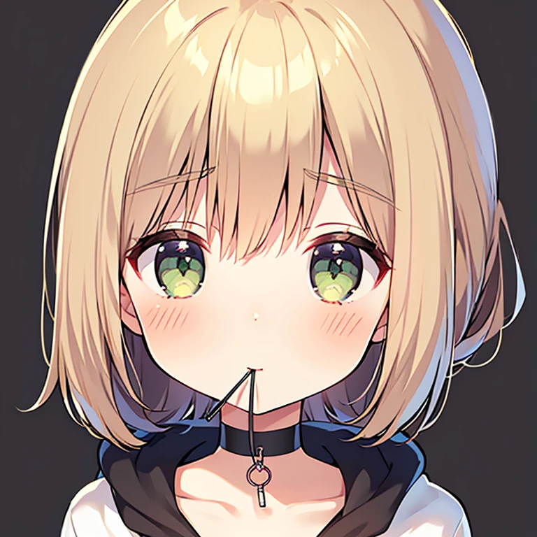 One girl, alone, face, Beige Hair, Light blonde hair, Green Eyes, choker, Relaxed parka, Black hoodie, comics, Little, masterpiece, CG illustration, Simple Background, Gray background, View your viewers, 笑face, Mouth closed, (compensate, Red eyeliner:1)