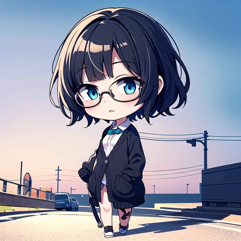 { masterpiece : highest quality : Detailed face : High resolution : Lips Detail : unity 8k wallpaper : 3D realistic illustration } { background = narrow road } { : Short Hair :Black Hair :cardigan : Perfectly small breasts : Glasses : ::: walk: }very 、low length　(Chibi:1.4)