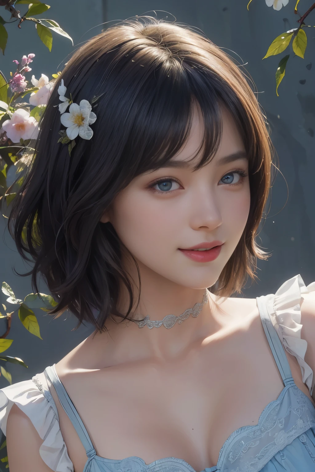 (A hyper-realistic), (illustration), (hight resolution), (8K), (highly detailed), (The best illustrations), (detailed face), (beautiful detailed eyes), (top-quality), (​masterpiece), (wall-paper), Upper body close-up, short hair,inner colored, solo, Girl in simple blue underwear, plump breasts, smile