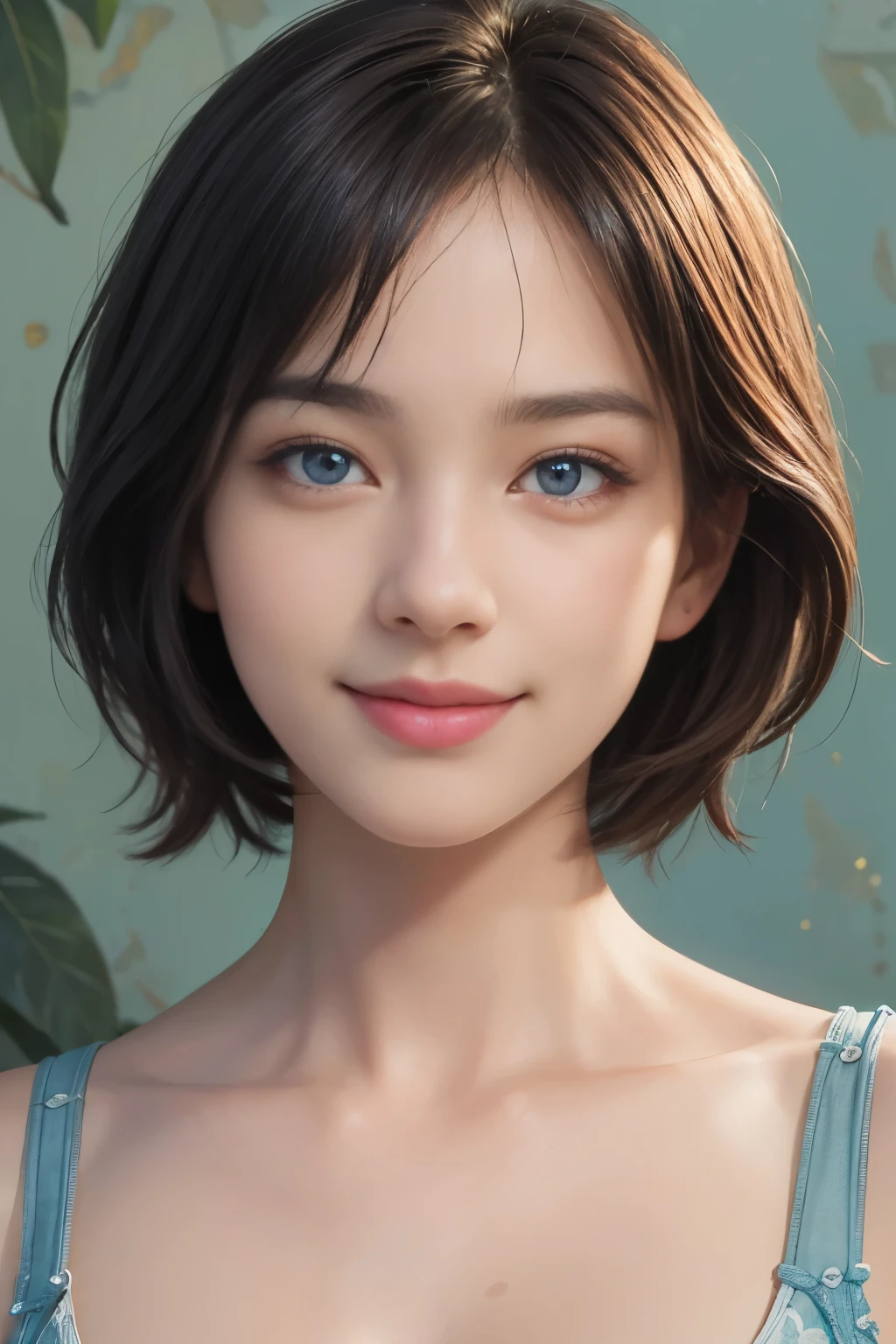 (A hyper-realistic), (illustration), (hight resolution), (8K), (highly detailed), (The best illustrations), (detailed face), (beautiful detailed eyes), (top-quality), (​masterpiece), (wall-paper), Upper body close-up, short hair,inner colored, solo, Girl in simple blue underwear, plump breasts, smile