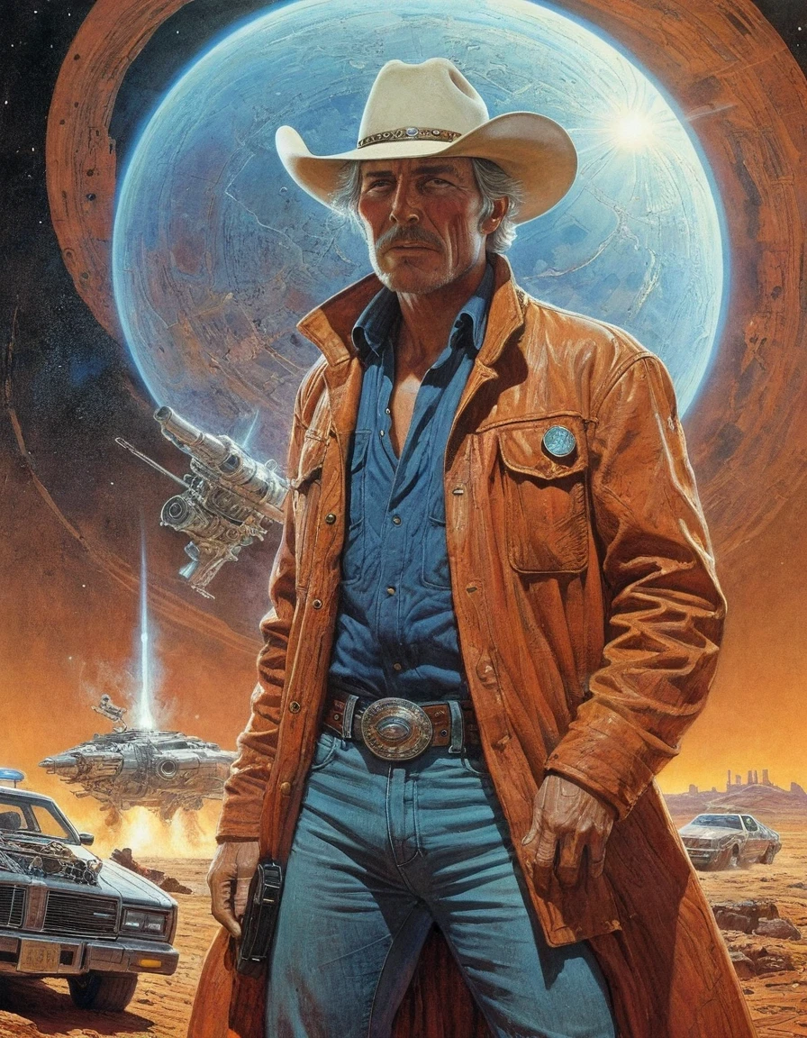 in style of Industrial photography, portrait, beautiful detailed，Moebius art style, 80's sci-fi fantasy magazine art, professional illustration, super detailed, amazing images of {star cowboys}, action backgrounds, cinematic compositions