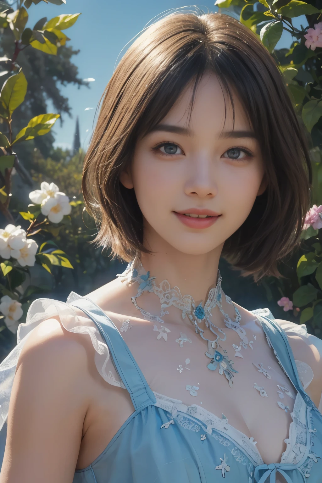 (A hyper-realistic), (illustration), (hight resolution), (8K), (highly detailed), (The best illustrations), (detailed face), (beautiful detailed eyes), (top-quality), (​masterpiece), (wall-paper), Upper body close-up, short hair,inner colored, solo, Girl in simple blue underwear, plump breasts, smile