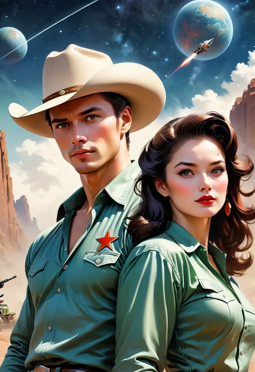 comic book's cover, Comic book cover about space cowboys, 1 Amazing story of cowboy hat style, 1940s 1950s, Red and Green, comic art, Realistic scenes, Romanticized Realism Dynamics