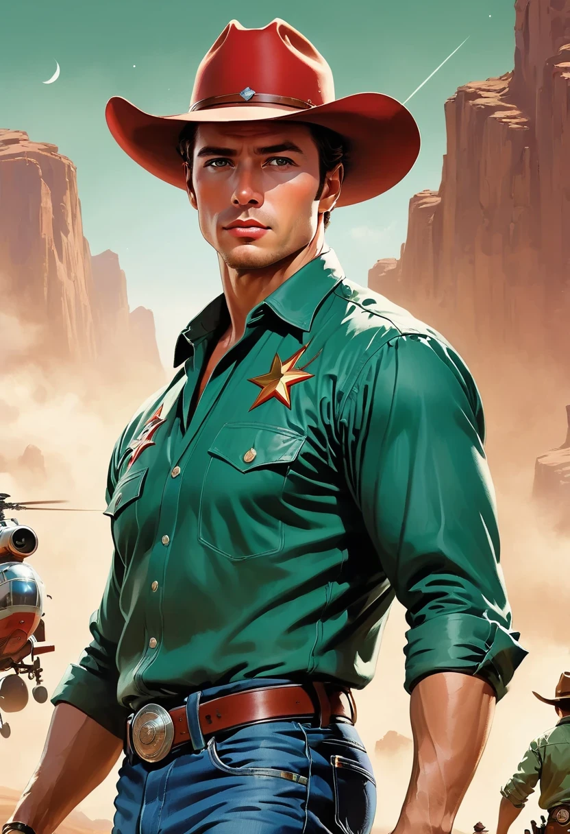 comic book's cover, Comic book cover about space cowboys, 1 Amazing story of cowboy hat style, 1940s 1950s, Red and Green, comic art, Realistic scenes, Romanticized Realism Dynamics