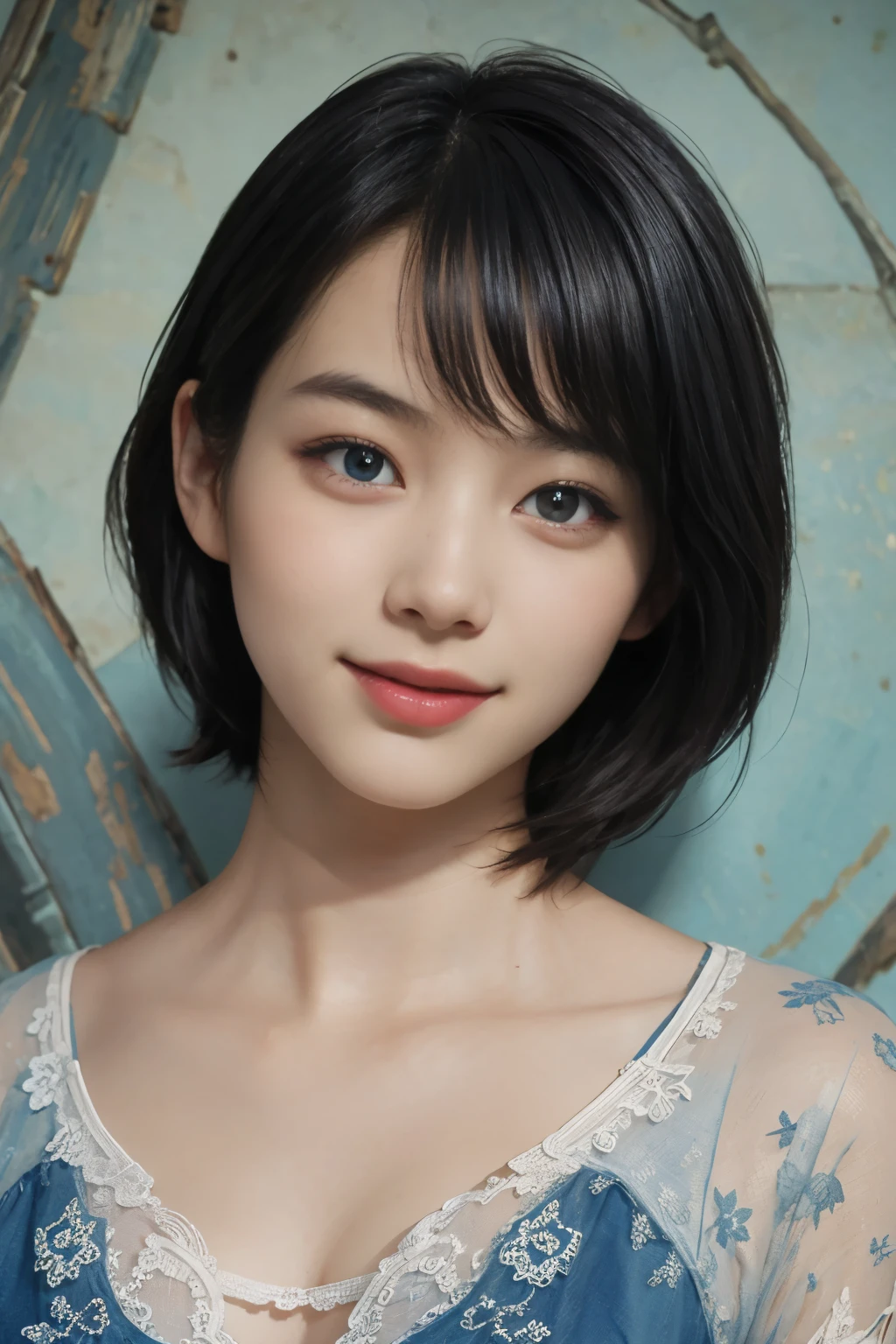 (A hyper-realistic), (illustration), (hight resolution), (8K), (highly detailed), (The best illustrations), (detailed face), (beautiful detailed eyes), (top-quality), (​masterpiece), (wall-paper), Upper body close-up, short hair,inner colored, solo, Girl in simple blue underwear, plump breasts, smile