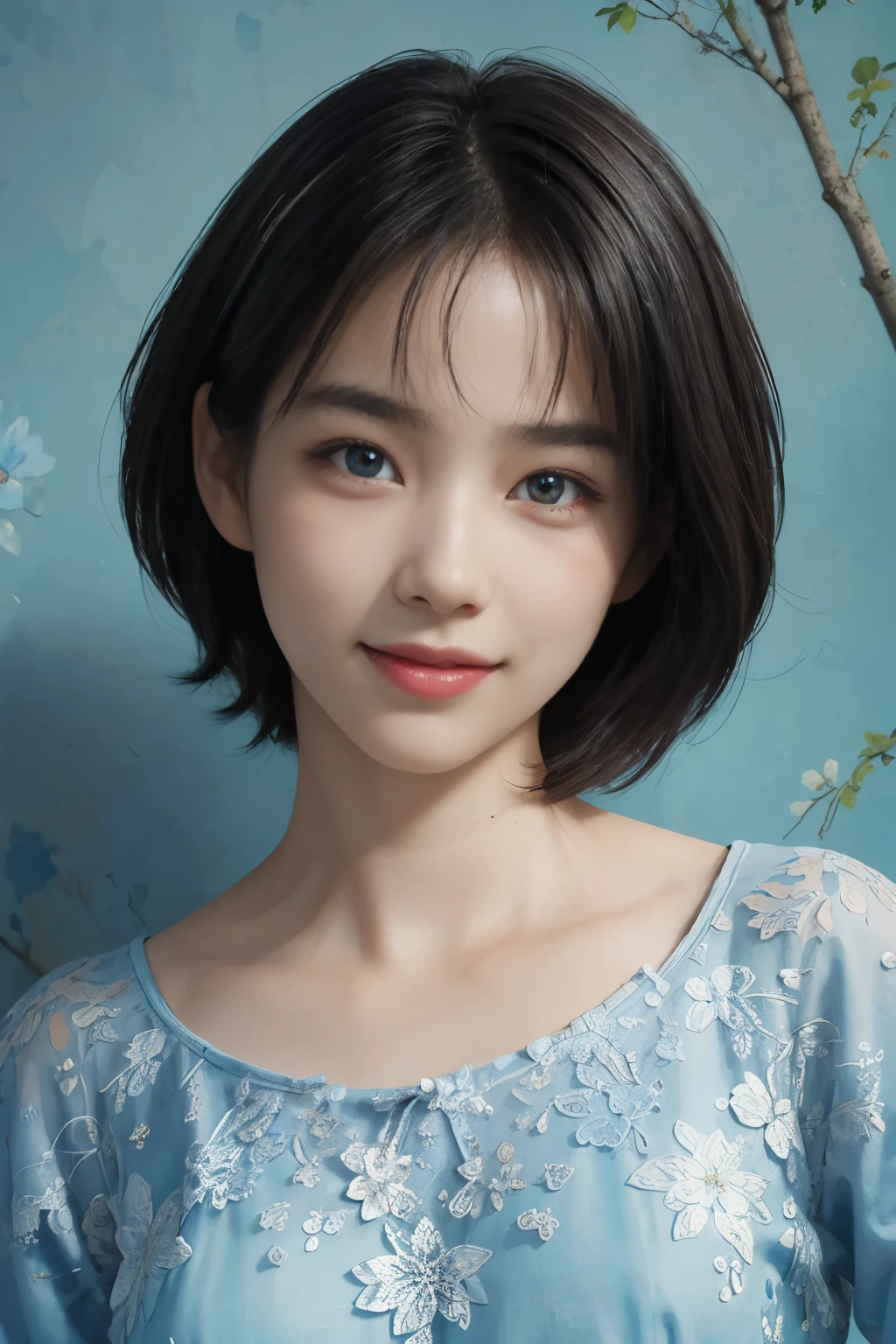 (A hyper-realistic), (illustration), (hight resolution), (8K), (highly detailed), (The best illustrations), (detailed face), (beautiful detailed eyes), (top-quality), (​masterpiece), (wall-paper), Upper body close-up, short hair,inner colored, solo, Girl in simple blue underwear, plump breasts, smile