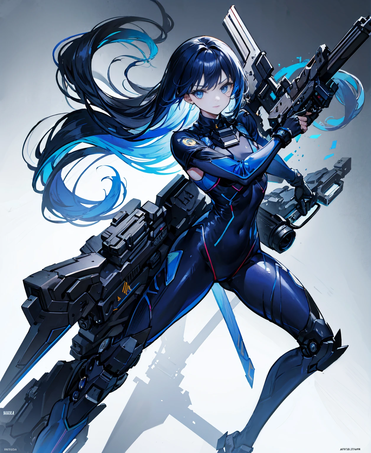 There is no background，girl，carry a firearm，Enamel-like tight suit，use of firearms，Navy blue long hair，attention arousal，Blue colored eyes,no gradation