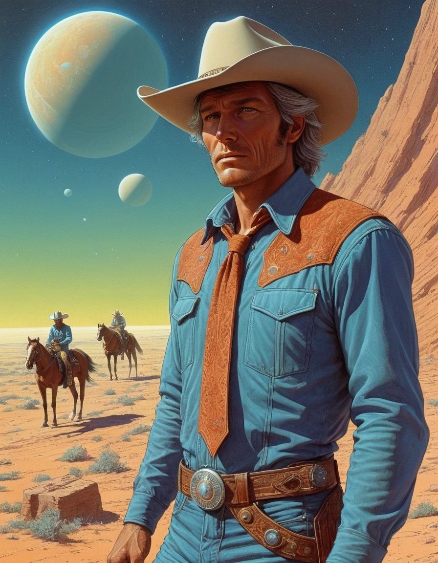 in style of Retrofuturism, portrait, beautiful detailed，Moebius art style, 80's sci-fi fantasy magazine art, professional illustration, super detailed, amazing images of {star cowboys}, action backgrounds, cinematic compositions