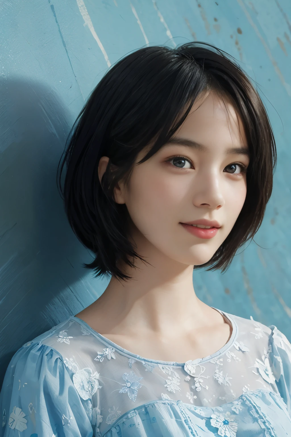 (A hyper-realistic), (illustration), (hight resolution), (8K), (highly detailed), (The best illustrations), (detailed face), (beautiful detailed eyes), (top-quality), (​masterpiece), (wall-paper), Upper body close-up, short hair,inner colored, solo, Girl in simple blue underwear, plump breasts, smile