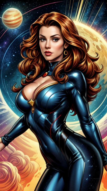 masterpiece,very sharp image,extremely beautiful woman space retro futurism, beautiful face,hi-tech armour over colored catsuit, long curly hair,in deep space, with several planets and suns in the background Excellent sense,medium breasts,cleavage,American Comics,(((The Perfect One Woman))),(((one person))),highly detailed body,highly detailed face,SF,((dynamic pose)), ((dynamic angle))