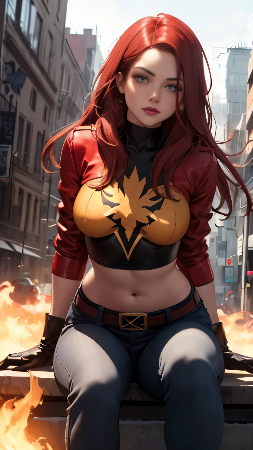 (Highly quality, masterpiece, detailed), burning city detailed scenario, burning city detailed background, jean-grey, belt, red leather crop top jacket, gloves, Phoenix symbol on chest, red leather pants, sitting on top of a building, navel, perfect face, beautiful eyes, looking at the viewer, Sexy pose