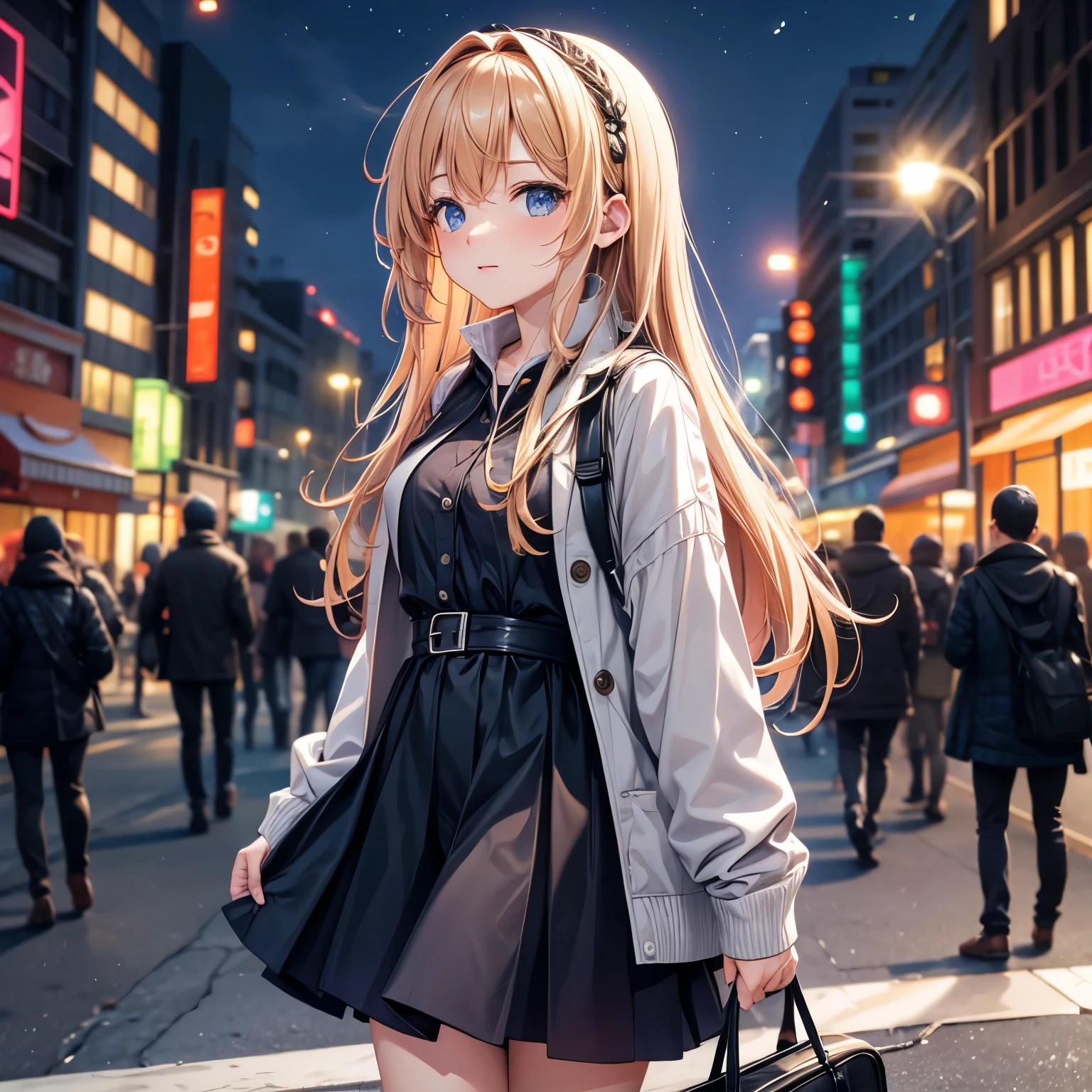 night, lights on, street, transportation, crowd, Long-haired girl walking alone