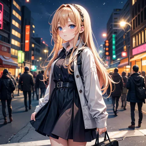 night, lights on, street, transportation, crowd, long-haired girl walking alone