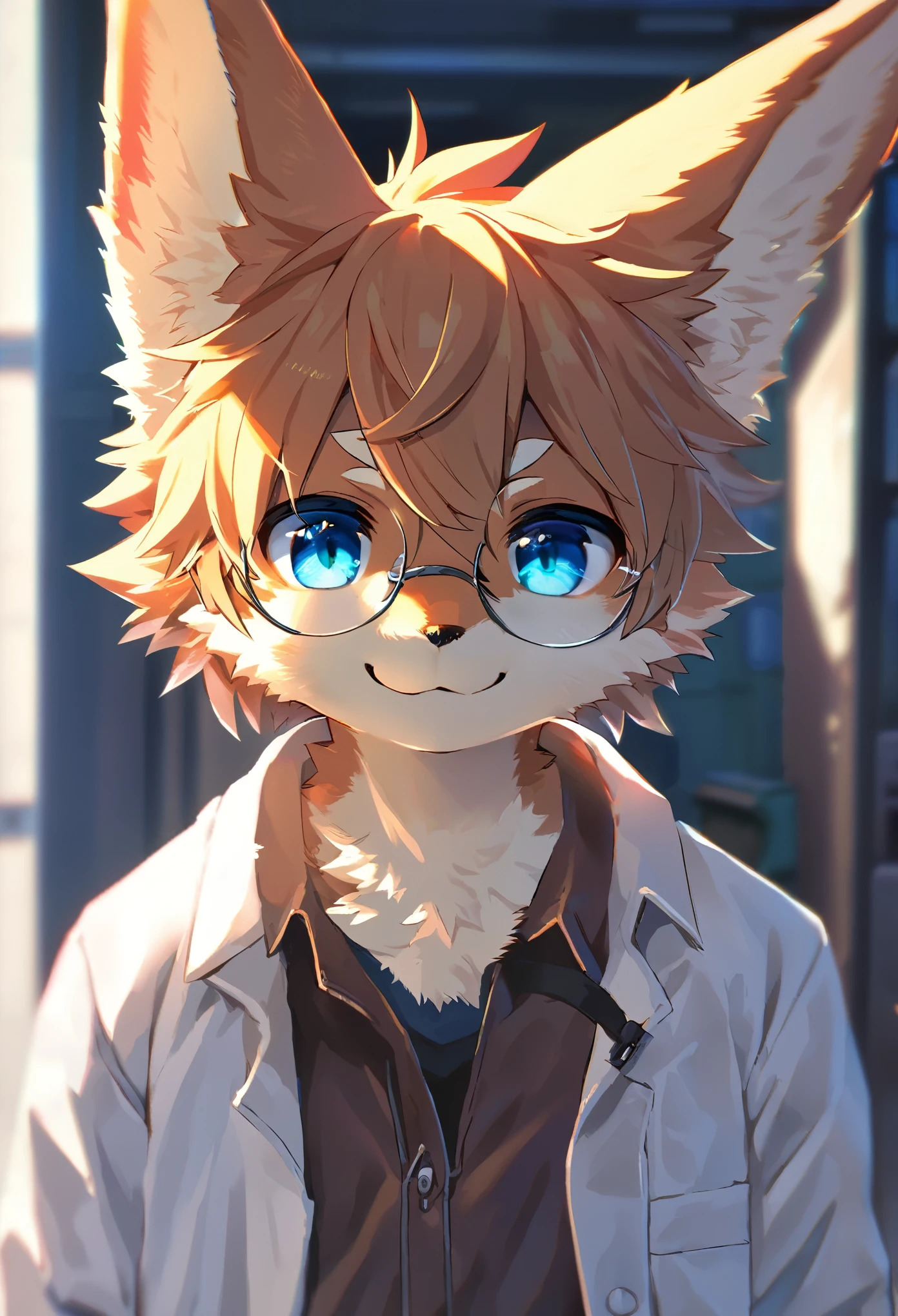 highres, paid reward available, unparalleled masterpiece, street(highly detailed beautiful face and eyes)absurdres, perfect anatomy, good lighting, volumetric lighting, cinematic shadow(angelic handsome 1boy, kemono, solo focus, single, Smiling embarrassedly, glasses)(furry anthro:1.7)(Furry body, dog facial features, dog body features)(very detailed body fur)Handouts((college professor))Dirty lab coat, class, Difficult formulas, white board,