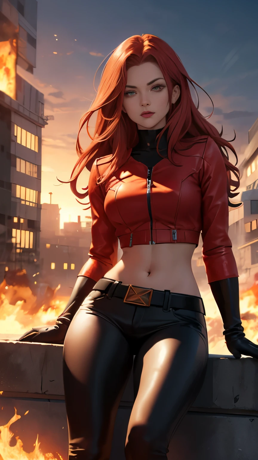 (de haute qualité, chef-d&#39;œuvre, détaillé), burning city détaillé scenario, burning city détaillé background, jean-gris, ceinture, veste crop top en cuir rouge, Décompresser, chemise noire, gants, Symbole Phénix sur la poitrine, pantalon en cuir rouge, assis au sommet d’un immeuble, nombril, visage parfait, Beaux yeux, Regarder le spectateur, pose sexy