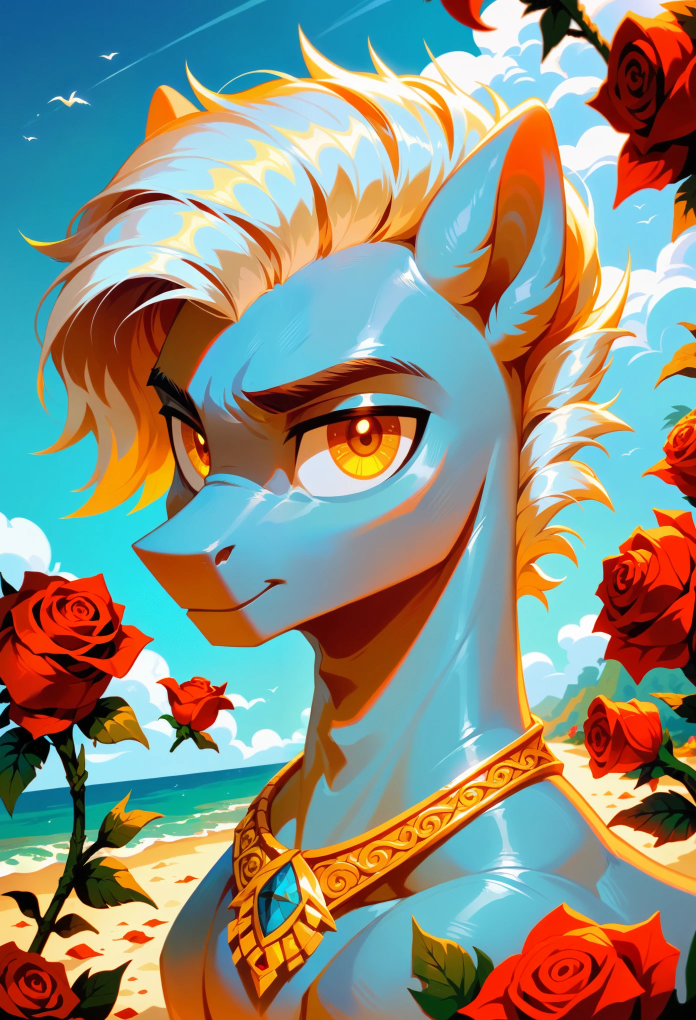 score_9, score_8_up, score_7_up,  ral-ltlpowny, golden roses, male pony, white mane, gold eyes, aesthetic, beach background