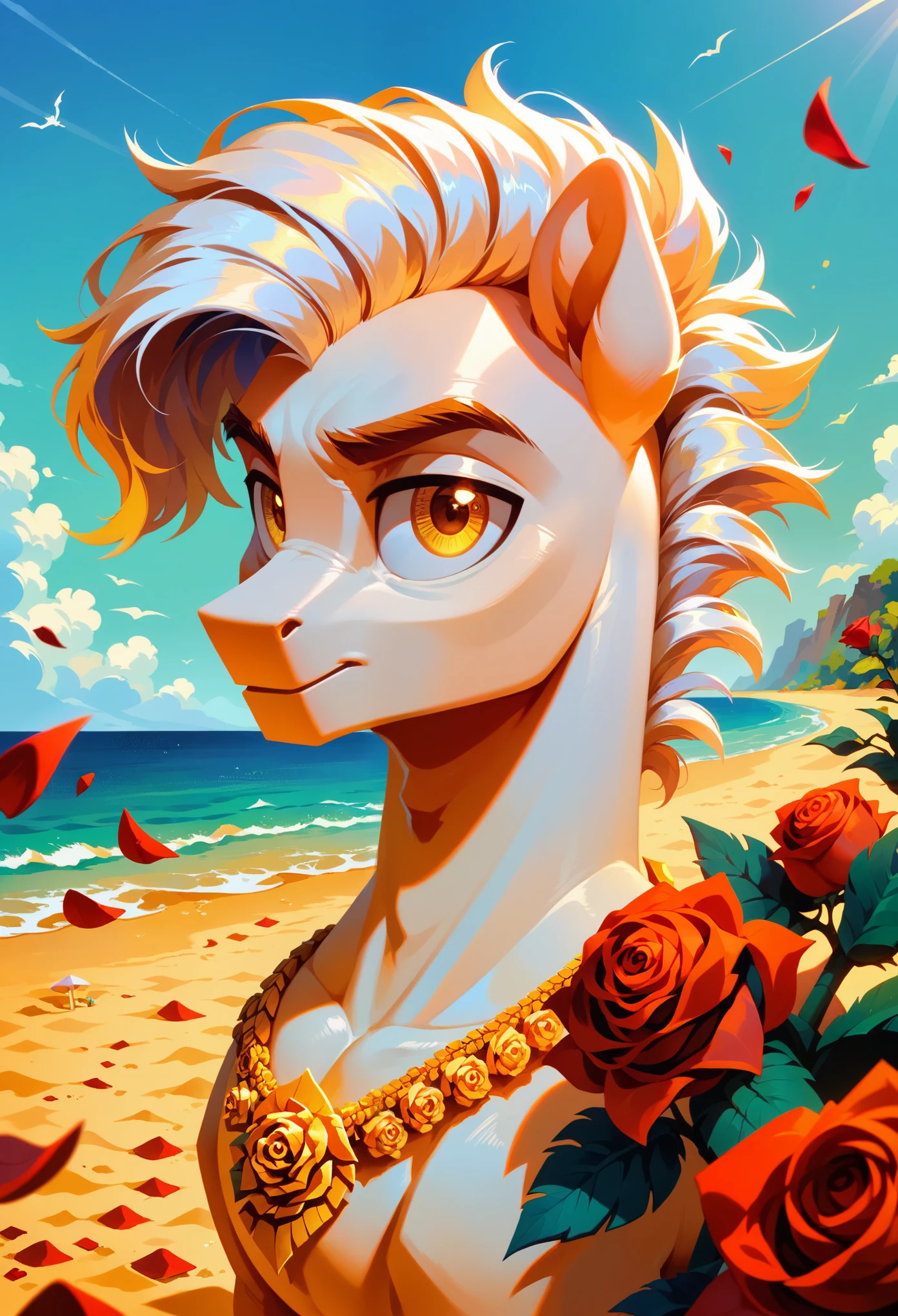 score_9, score_8_up, score_7_up,  ral-ltlpowny, golden roses, male pony, white mane, gold eyes, aesthetic, beach background