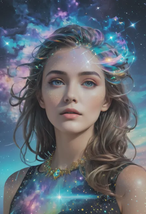 （multiple exposure：1.8），Dubrec style，Girl virtual holographic digital avatar，Futuristic magnificent starry sky image foreground，psychedelic starry sky，In space，Complex illustrations in surrealist art style，Surreal dreams，Become an invisible virtual hologra...