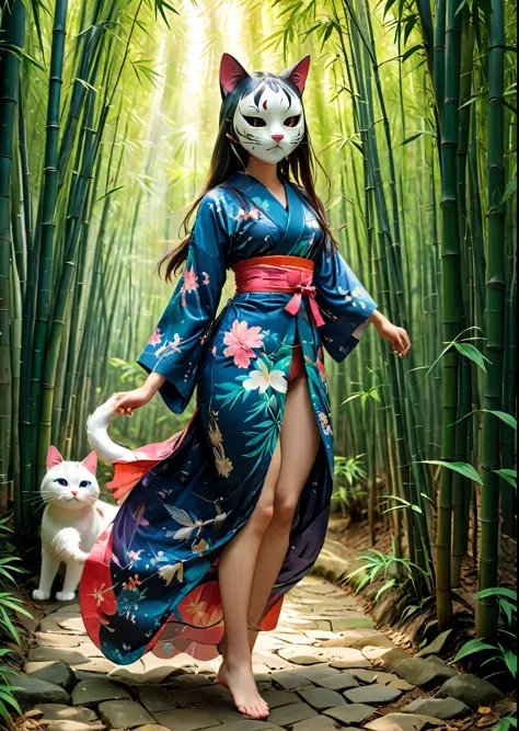 girl wearing a japanese-style cat mask、japanese girl、wearing a yukata、smooth long hair with bangs、inside the bamboo forest、compl...