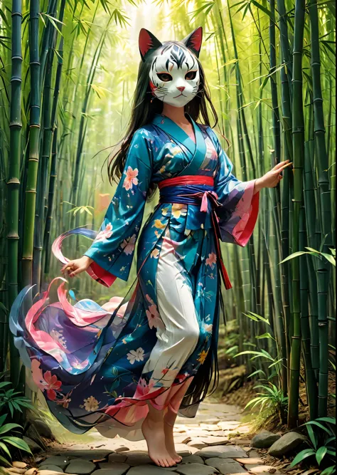 girl wearing a japanese-style cat mask、japanese girl、wearing a yukata、smooth long hair with bangs、inside the bamboo forest、compl...