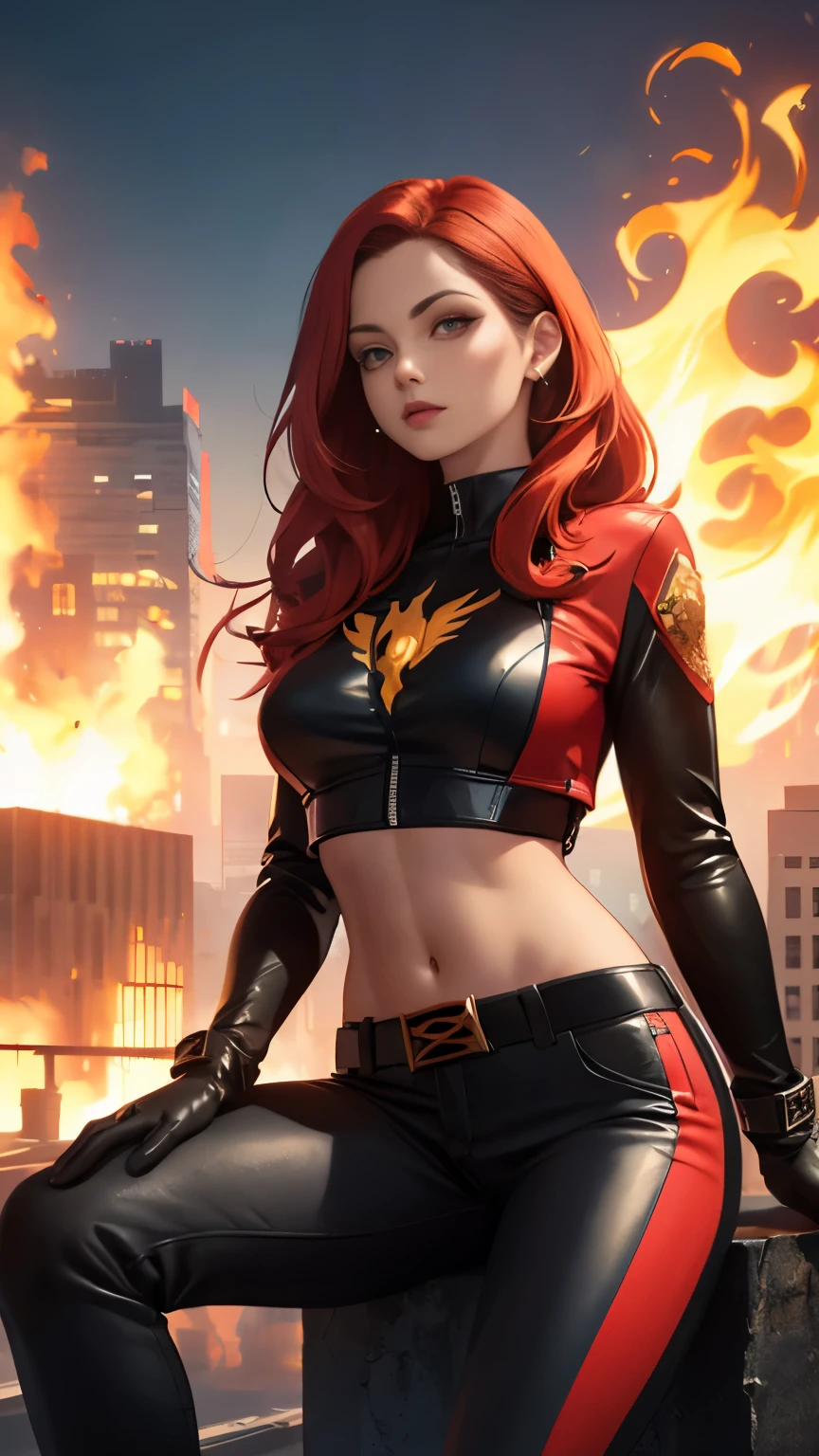 (Highly quality, masterpiece, detailed), burning city detailed scenario, burning city detailed background, jean-grey, belt, red leather crop top jacket, unzip, black top shirt, gloves, Phoenix symbol on chest, red leather pants, sitting on top of a building, navel, perfect face, beautiful eyes, looking at the viewer, Sexy pose