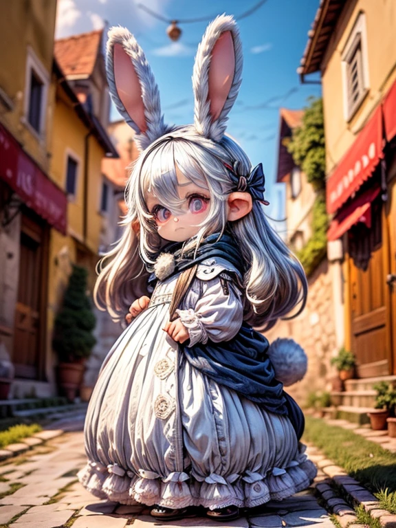 (3D,3D Art),#quality(8k,wallpaper of extremely detailed CG unit, ​masterpiece,hight resolution,top-quality,top-quality real texture skin,hyper realisitic,increase the resolution,RAW photos,best qualtiy,highly detailed,the wallpaper,golden ratio), BREAK ,solo,#1girl(human,chibi:2.0,cute,kawaii,small kid,white hair:1.4,very long hair:1.5,rabbit ear white,red eye,big eye,beautiful eye,skin color white,big hairbow,white dress,breast,from below,rabbit tale), BREAK ,#background(rain,beautiful town,cobblestone,italy),(chibi:1.6),from below

