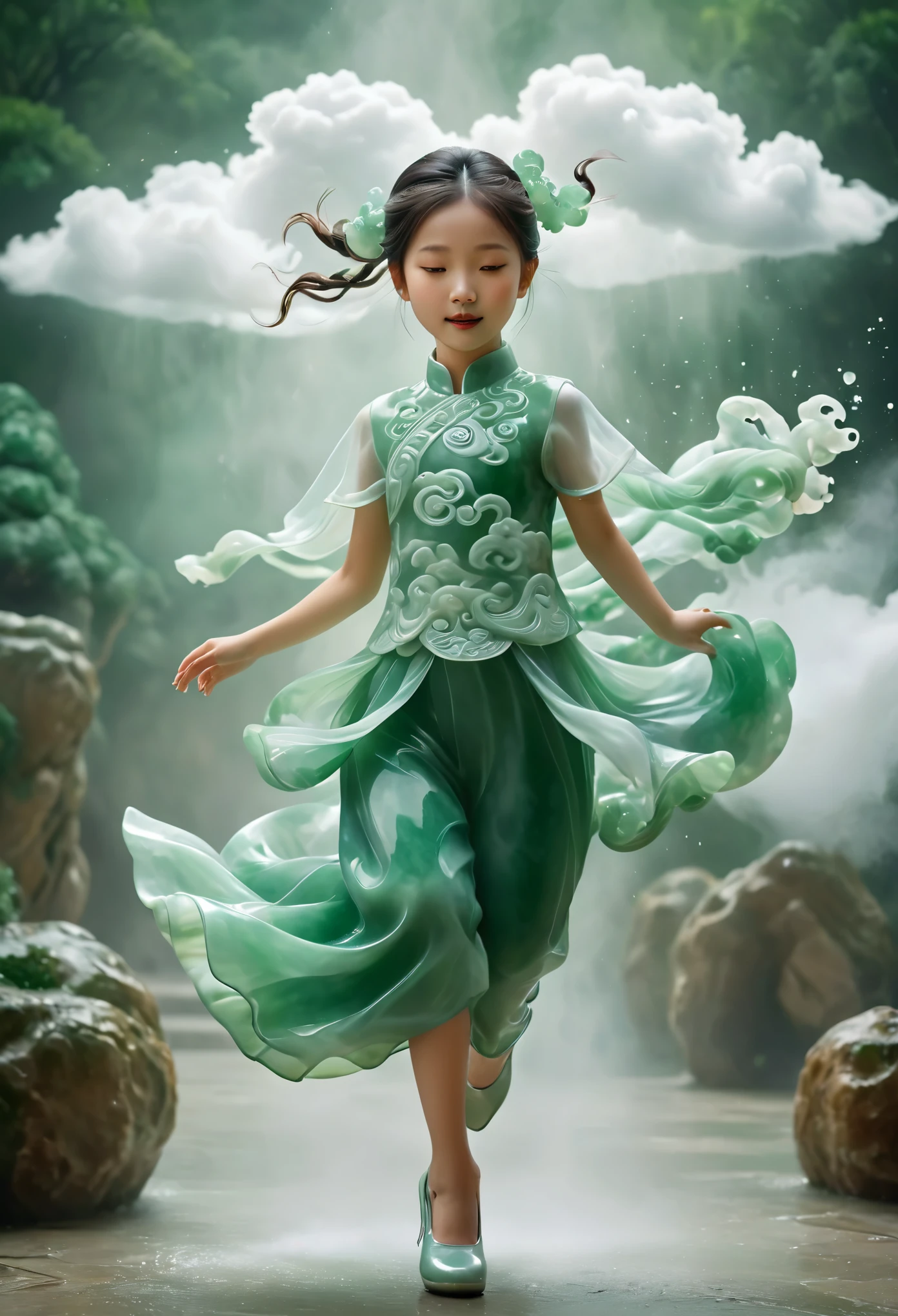 Photography of an adorable jade girl in modern attire, carrying a backpack, joyfully leaping and stepping on jade-colored auspicious clouds. Her entire body embodies the texture of jade, with hues of white and jade green, captured in a realistic photograph that showcases the fusion of human form and precious stone. The whimsical scene captures the girl's playful spirit as she dances above the clouds, blending the earthly with the ethereal in a visually enchanting composition